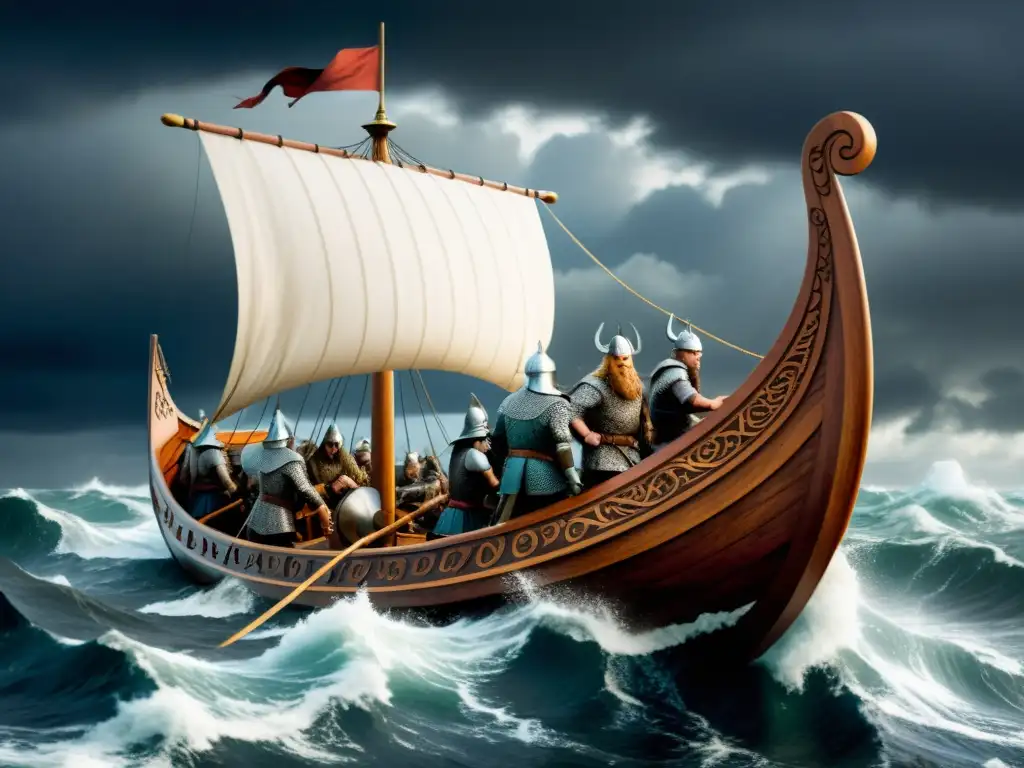 Vikingos en alta mar: travesía épica en un drakkar Impresionante ilustración de un barco vikingo surcando mares turbulentos con guerreros en roles y jerarquía, bajo un cielo tormentoso