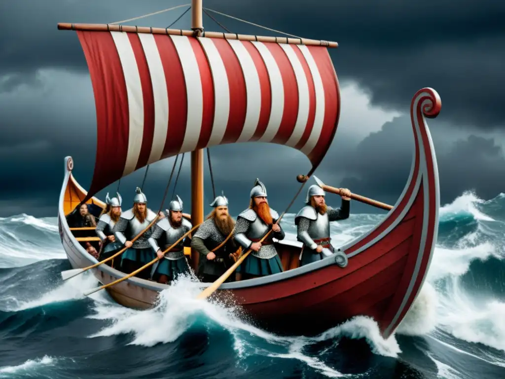 Impresionante ilustración de un barco vikingo navegando por mares turbulentos, con guerreros fieros y paisajes nórdicos