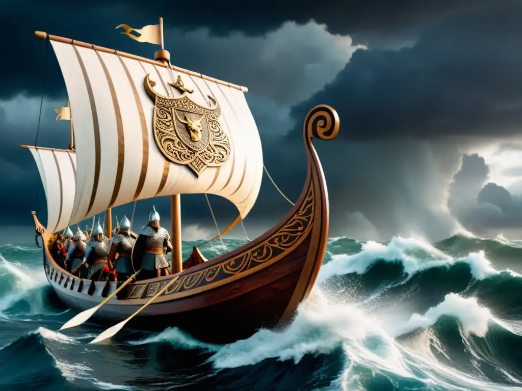 Impresionante ilustración de un barco vikingo navegando en mares turbulentos, con guerreros listos para la batalla