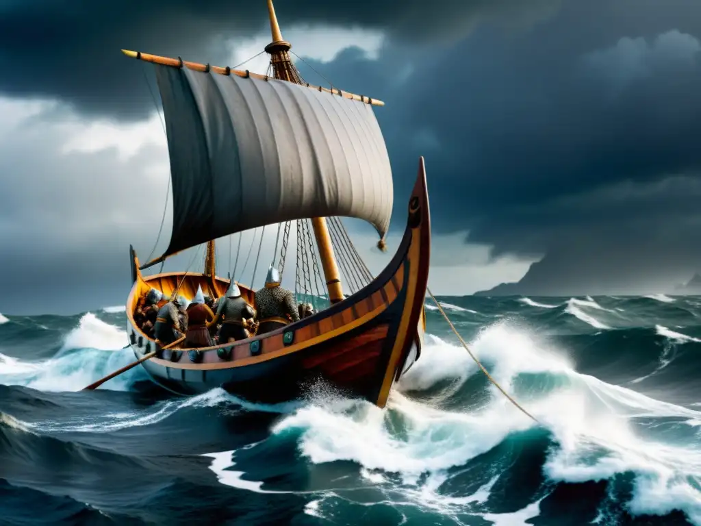 Impresionante barco vikingo en plena tormenta, con guerreros en tácticas defensivas vikingas