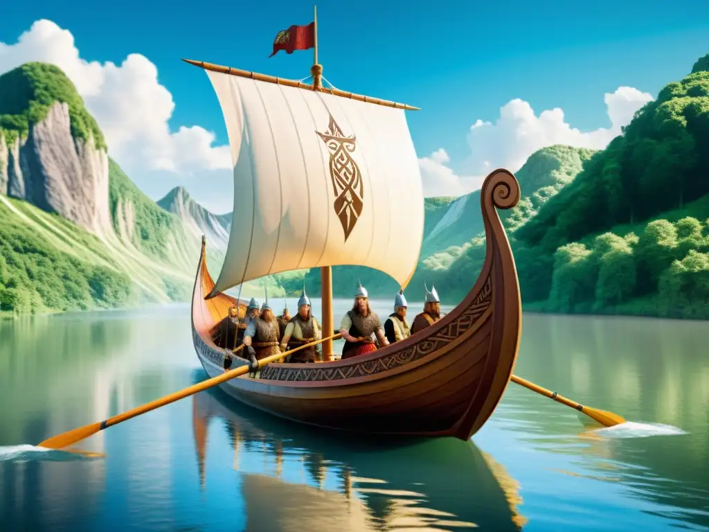 Impresionante ilustración de un barco vikingo surcando un río flanqueado por exuberantes bosques bajo un cielo azul