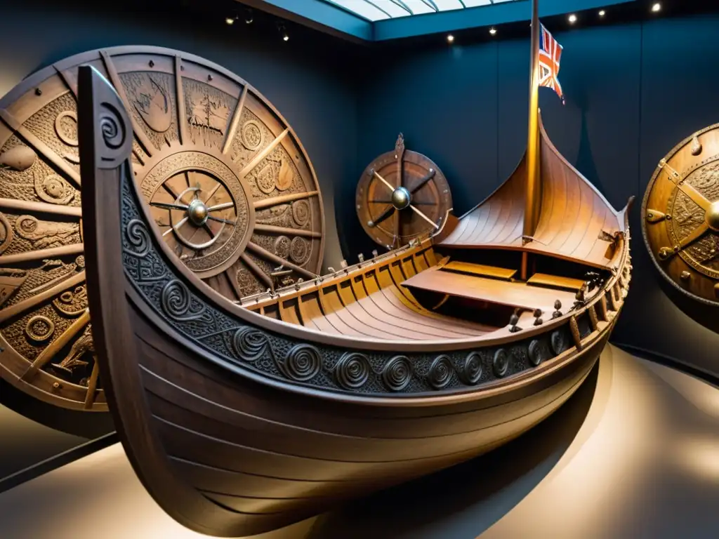 Impresionante réplica de barco vikingo rodeada de artefactos en una sala de exposiciones de museos vikingos