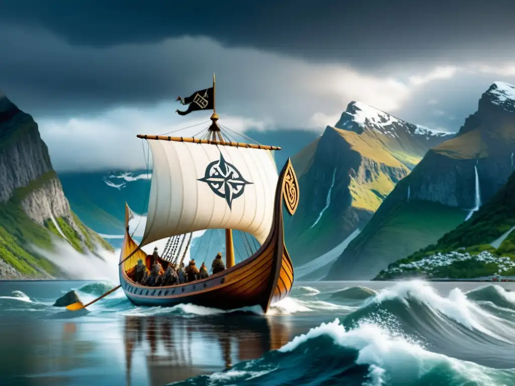 Impresionante ilustración de un barco vikingo navegando bajo tormenta en paisaje nórdico