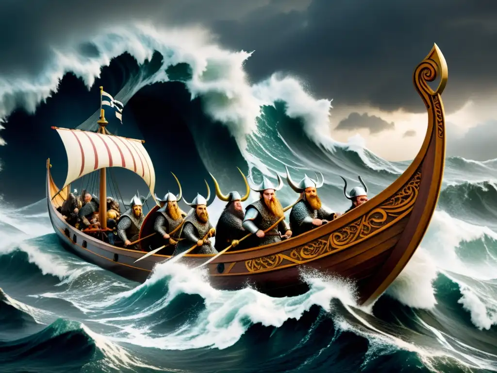 Impresionante ilustración de barcos vikingos resistiendo tormentas en el norte