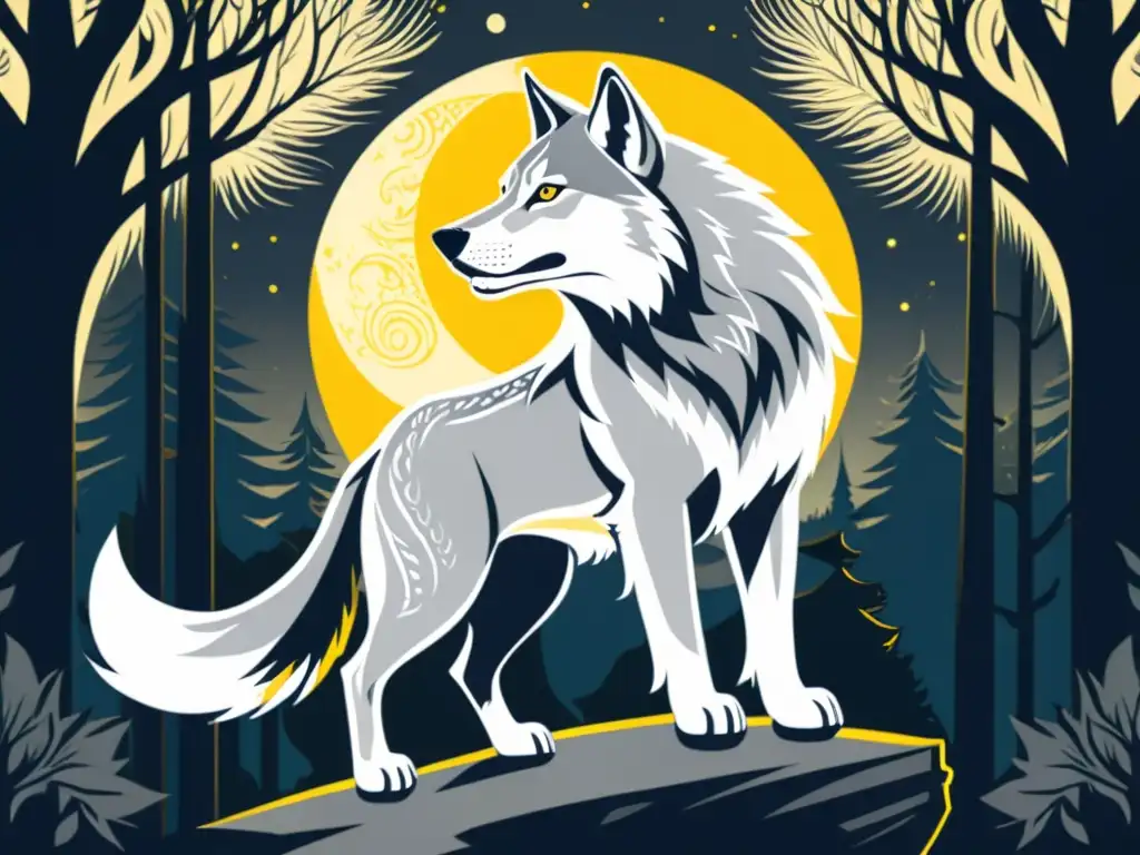 Impresionante ilustración del Lobo Fenrir en un bosque místico bajo la luna llena, con símbolos nórdicos