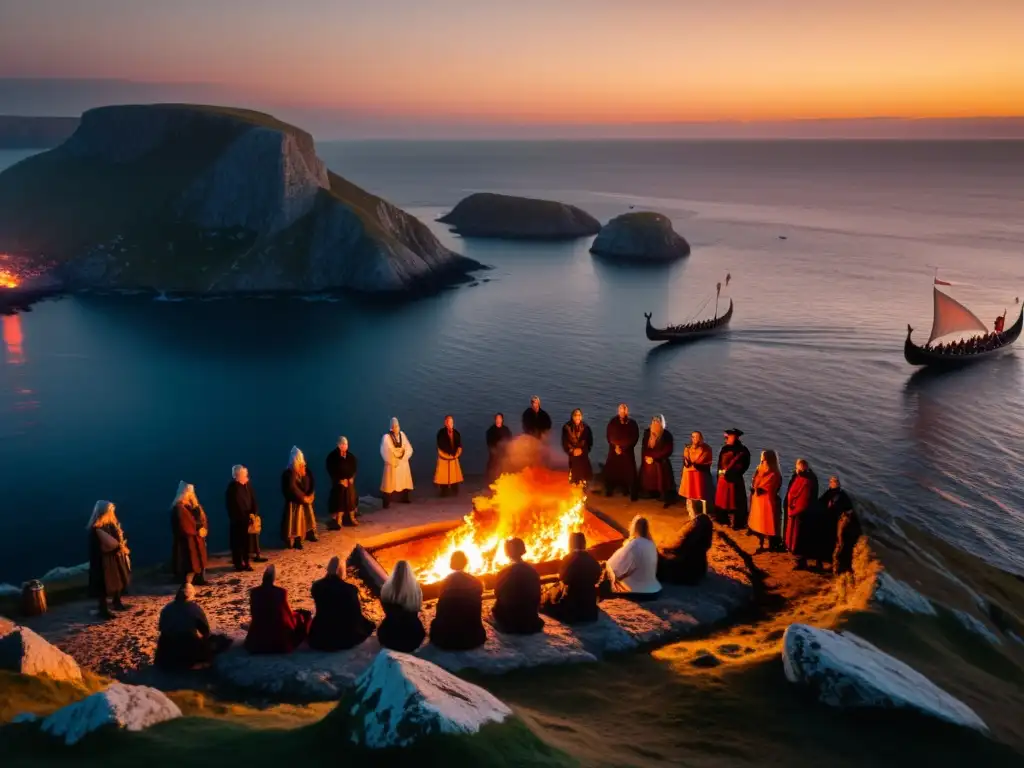 Impresionante ceremonia de funeral vikingo en un acantilado rocoso al atardecer