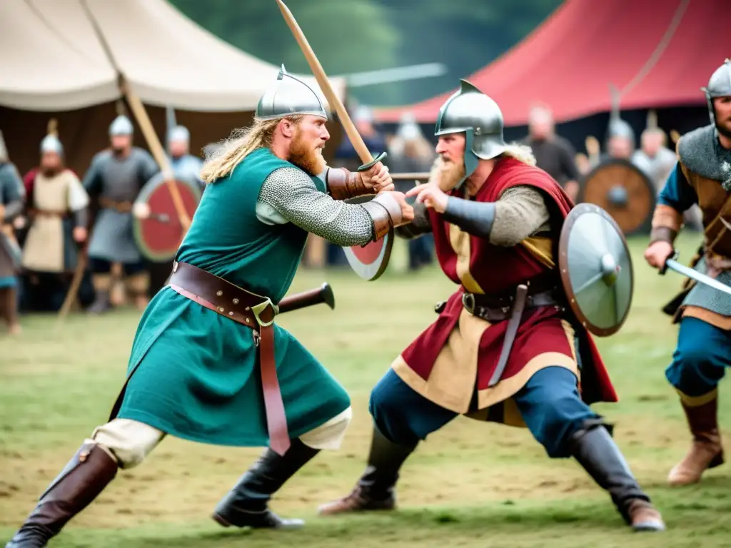 Impresionante combate vikingo en festival medieval: guerreros y espectadores inmersos en la acción