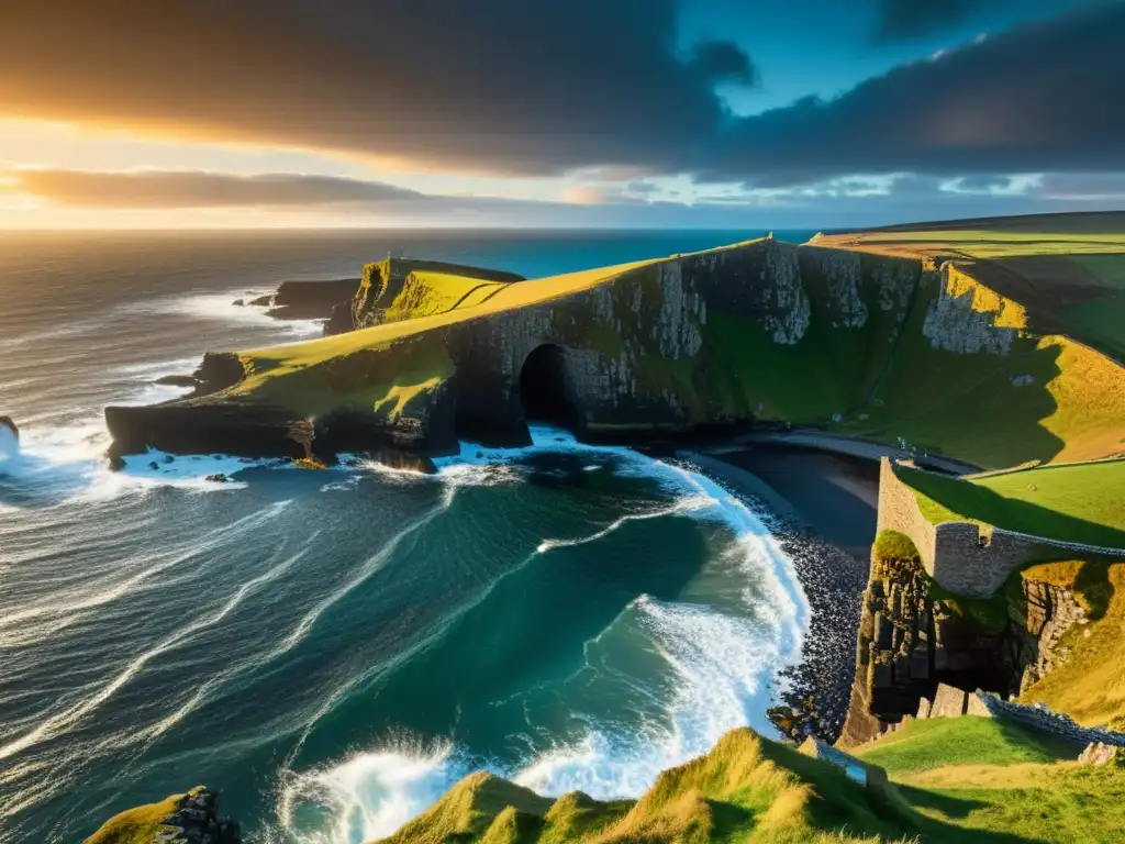 Impresionante costa de Orkney al amanecer con ruinas vikingas en silueta, olas y aves marinas