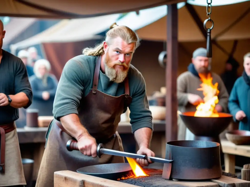 Impresionante demostración en vivo de forja vikinga en un mercado medieval bullicioso