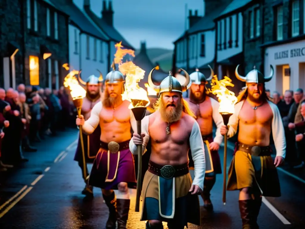 Impresionante desfile de vikingos con antorchas en el Festival Up Helly Aa Vikingo