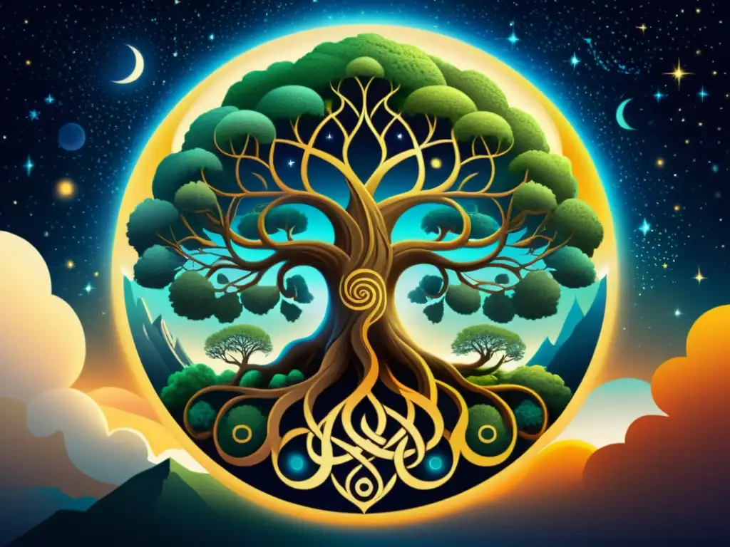 Impresionante ilustración detallada del Yggdrasil, árbol cósmico en la mitología vikinga