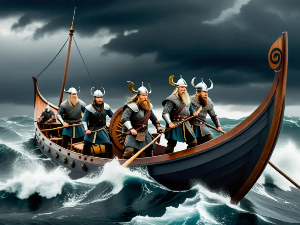 Impresionante ilustración detallada de navegación vikinga en mares tormentosos