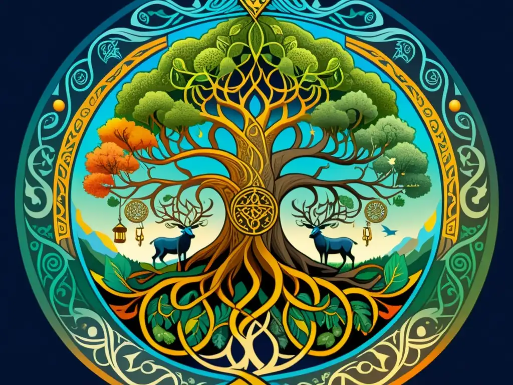 Un impresionante y detallado dibujo de Yggdrasil, el Árbol del Mundo, conectando los nueve reinos de la mitología nórdica