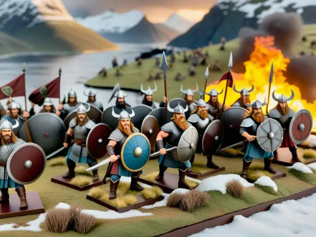 Impresionante diorama de batalla vikinga con miniaturas detalladas en un escenario épico de guerra