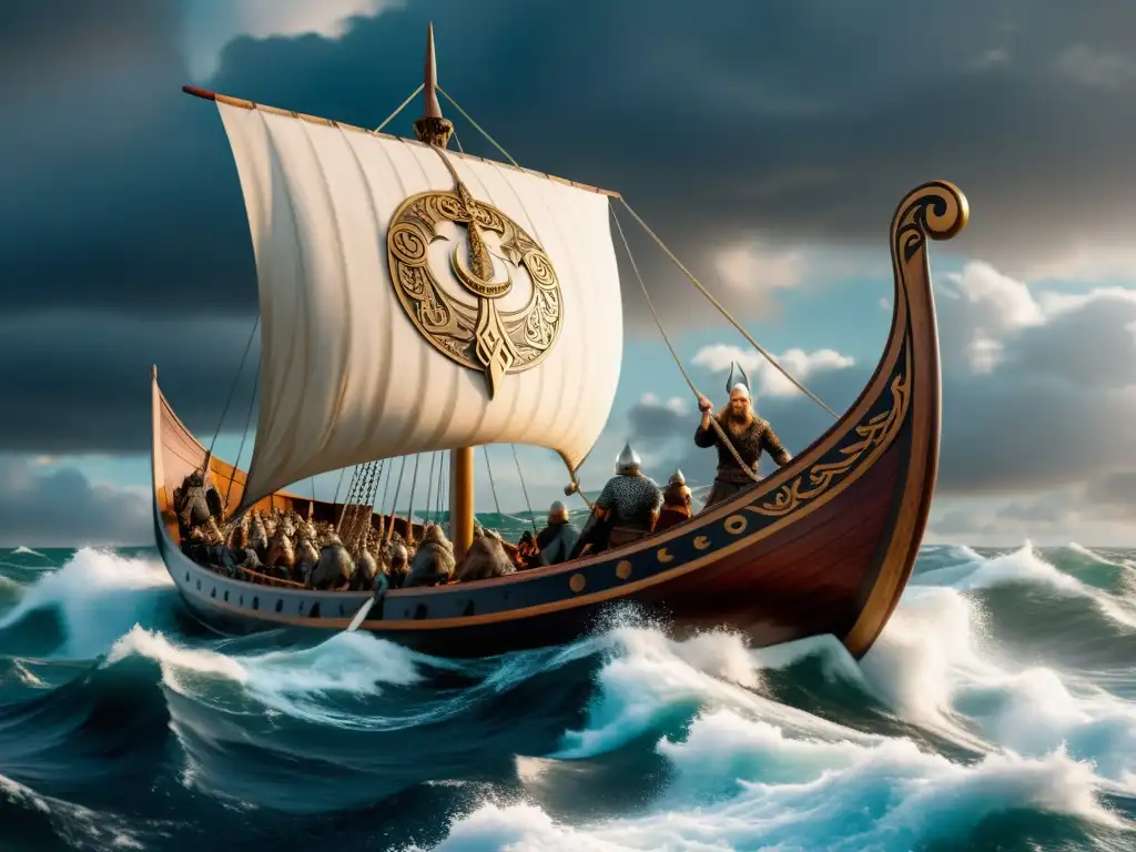 Impresionante diseño de drakkars en conquistas vikingas bajo el cielo dramático y mares agitados