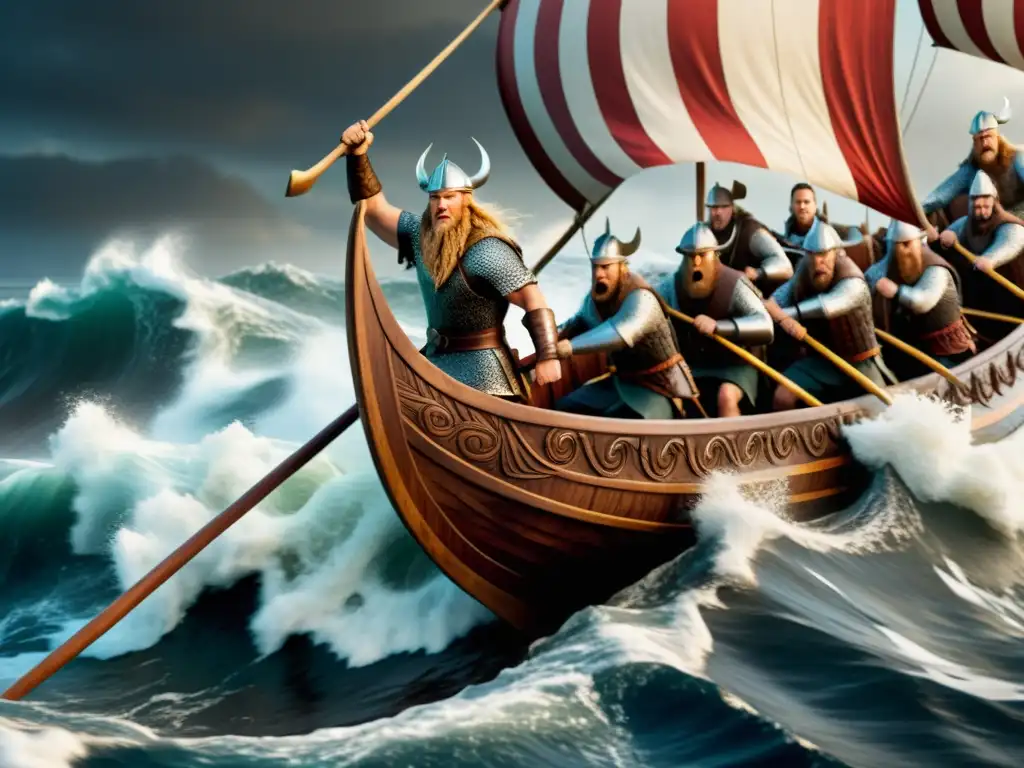 Impresionante diseño de un longship vikingo navegando en mares turbulentos, con detalles y una tripulación determinada