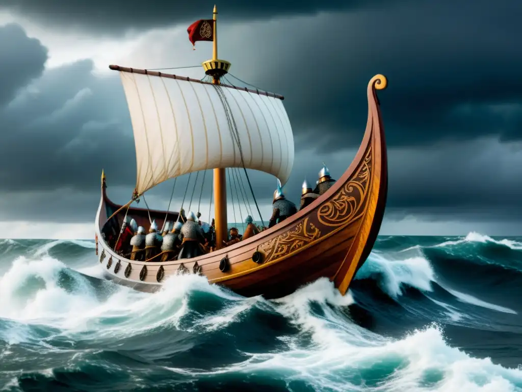 Impresionante ilustración de un épico barco vikingo navegando en mares turbulentos