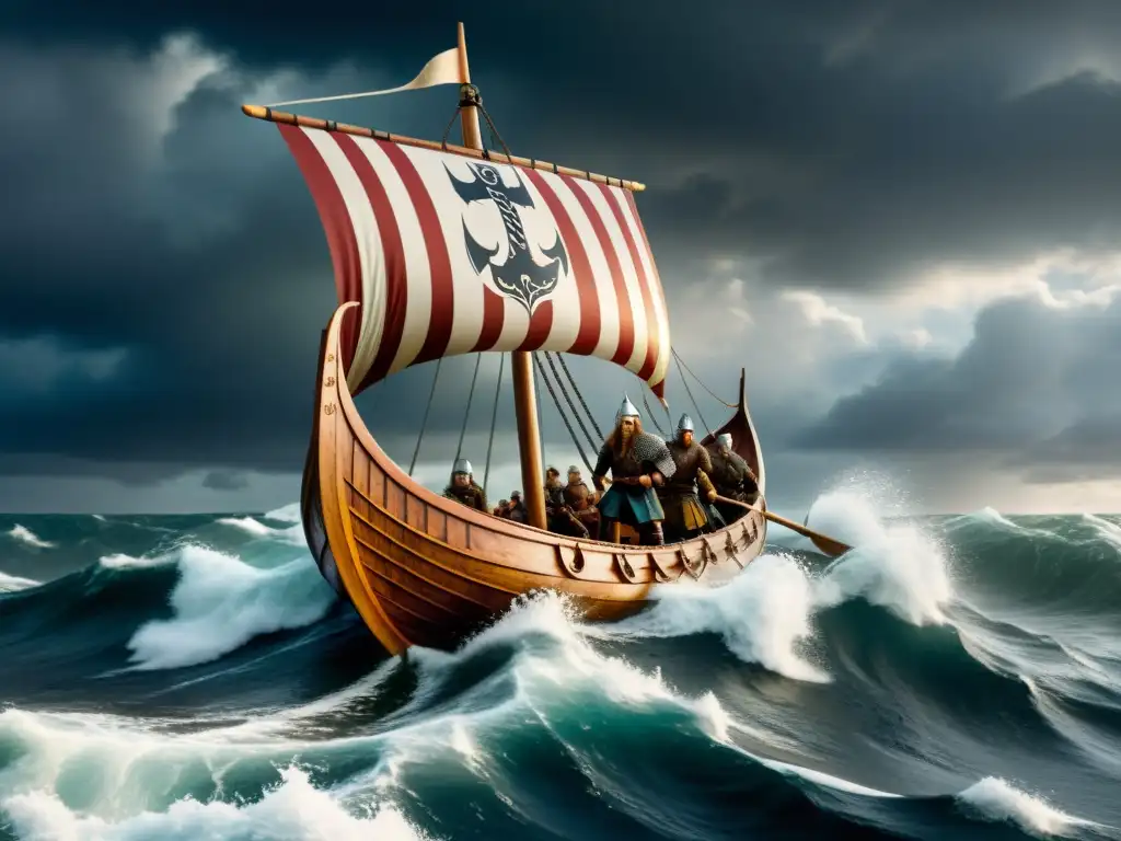 Impresionante escena de un barco vikingo navegando en aguas turbulentas con una aldea costera al fondo, ilustrando la influencia vikinga en la Galia