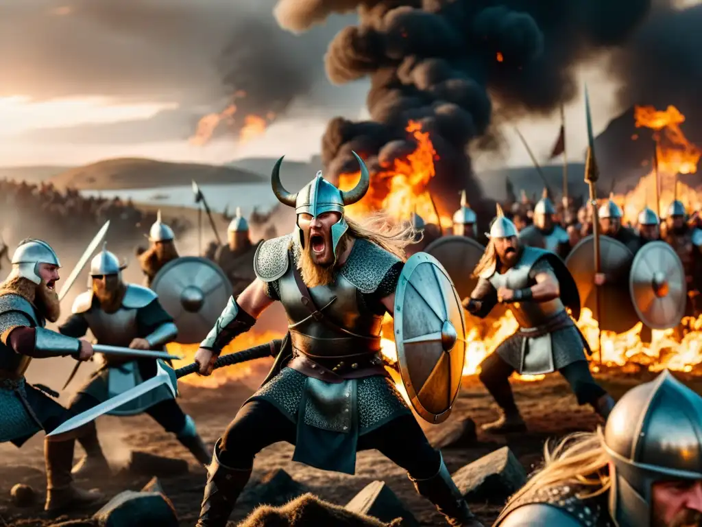 Impresionante escena de batalla vikinga con hechicería y caos en la guerra