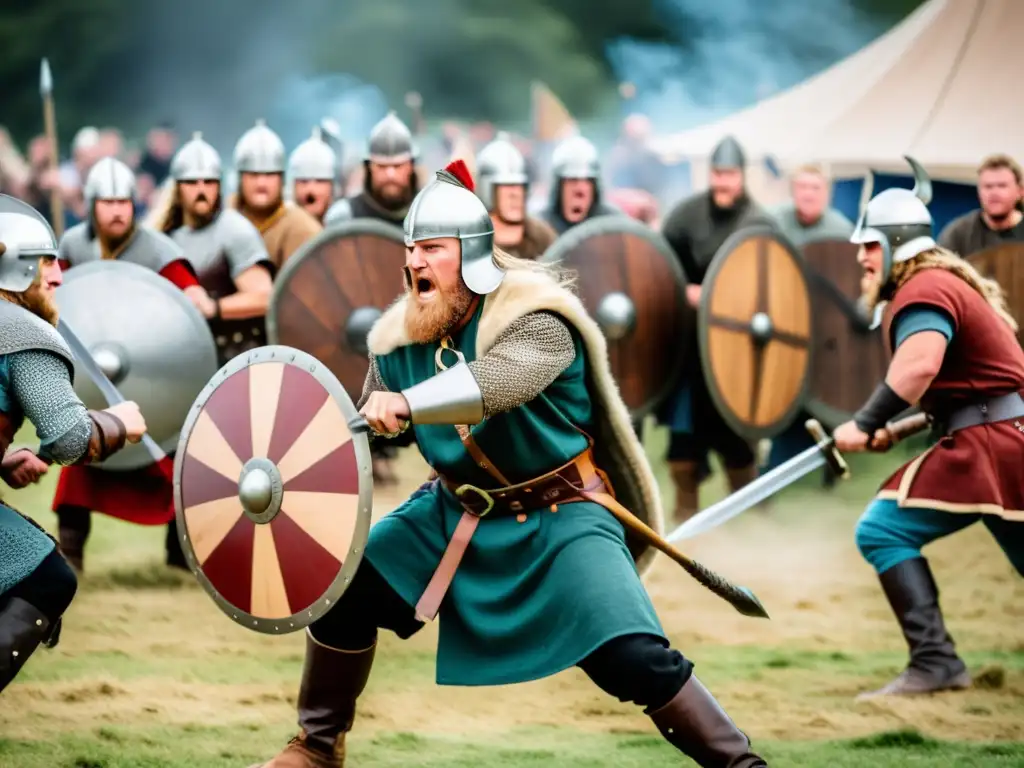 Impresionante escena de combates vikingos en festivales: reenactores luchan con pasión y autenticidad en un campo con espectadores emocionados