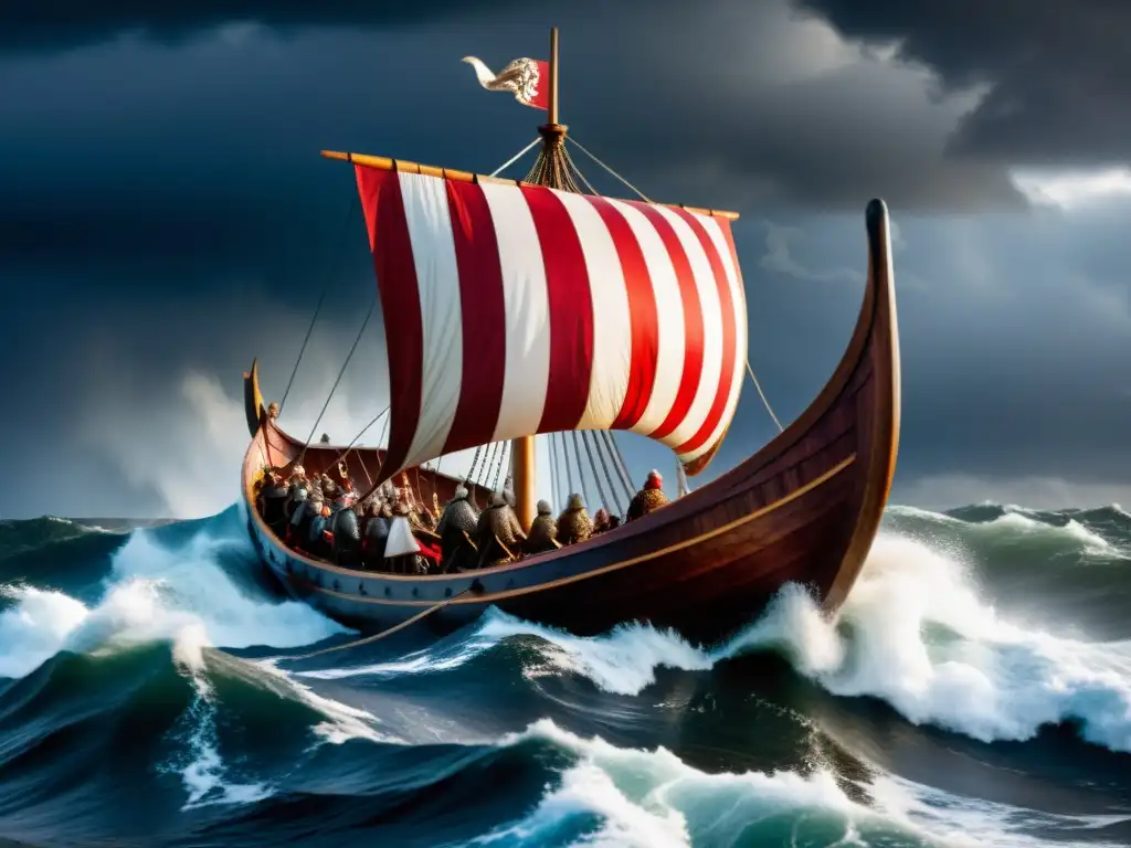 Impresionante escena de una competición vikinga de habilidad y fuerza en alta mar, con una tormenta amenazante de fondo