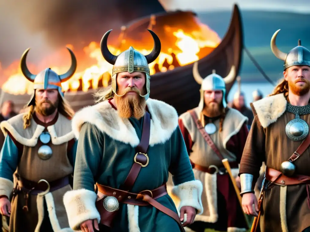 Impresionante escena del Festival Up Helly Aa Vikingo: guerreros vikingos con antorchas junto a un barco vikingo en llamas