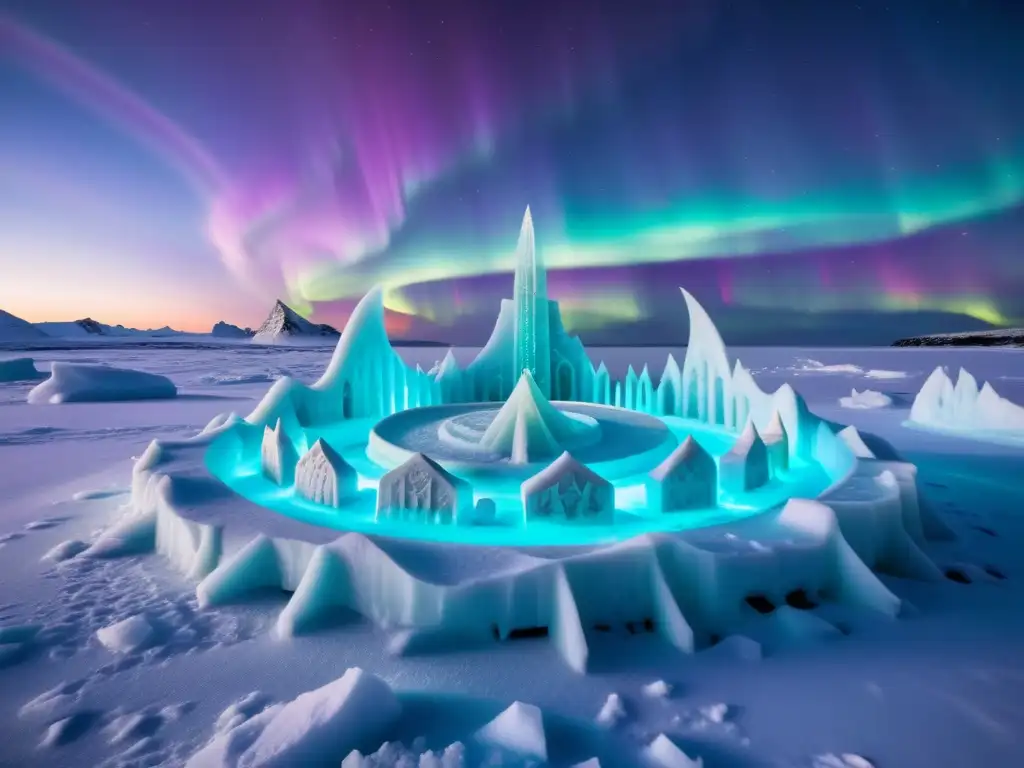 Una impresionante escena de prácticas funerarias vikingas en hielo, con un barco y esculturas de hielo iluminadas por auroras boreales