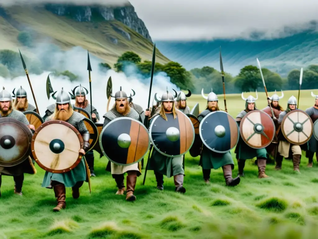 Impresionante escena de tácticas defensivas vikingas en formación de batalla, listos con escudos y lanzas en pradera verde