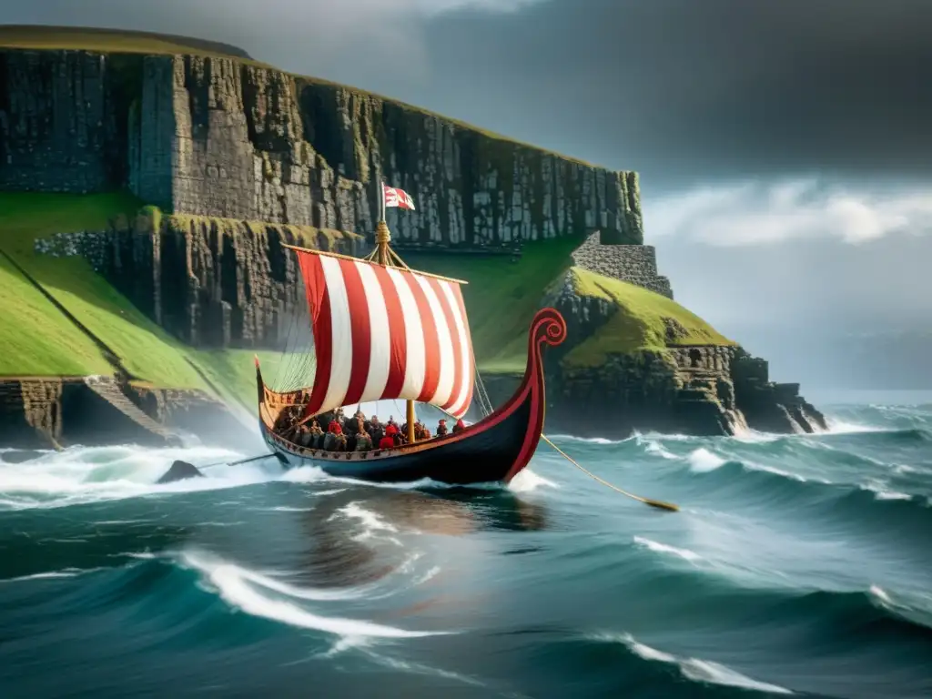 Impresionante escena de Vikingos en Escocia: Orkney y Shetland navegando entre la niebla, con acantilados y ruinas antiguas al fondo