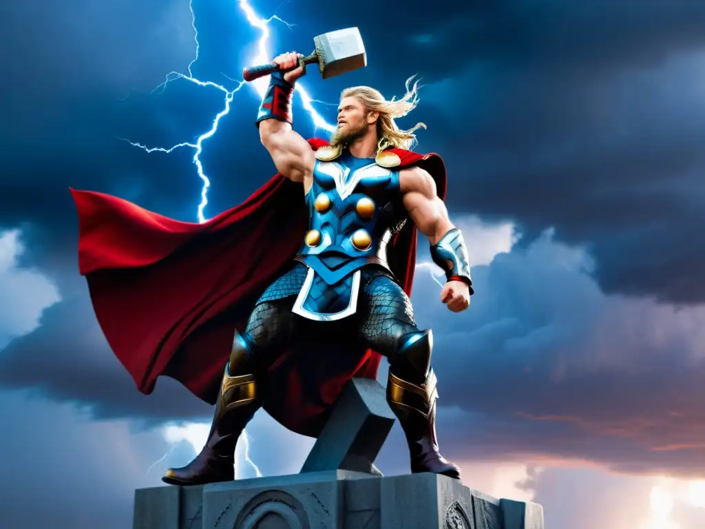 Impresionante escultura de Thor, dios nórdico del trueno, con su martillo Mjolnir en alto, rodeado de relámpagos