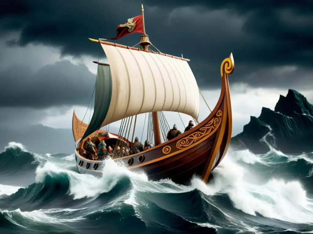 Impresionante ilustración de un feroz drakkar vikingo surcando mares tormentosos, reflejando el impacto de las conquistas vikingas en Europa