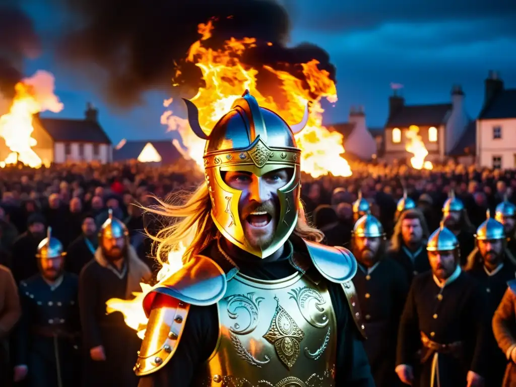 El impresionante Festival Up Helly Aa Vikingo: un drakkar en llamas bajo el cielo nocturno, rostros iluminados por el fuego y emoción en el aire