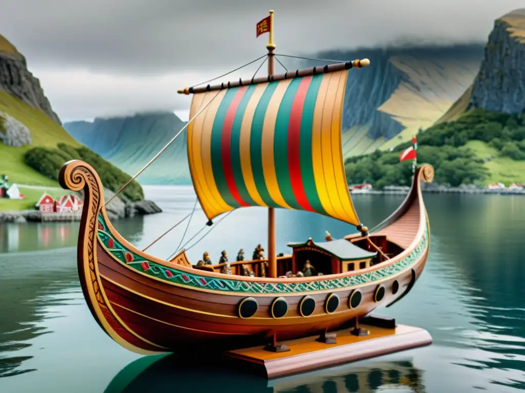 Una impresionante figura de barco vikingo coleccionable, detallada y artesanal, con velas y escudos coloridos, contra un paisaje nórdico dramático