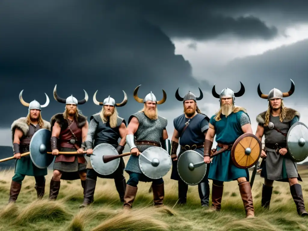 Impresionante formación de guerreros vikingos con hachas largas en paisaje nórdico bajo cielo tormentoso