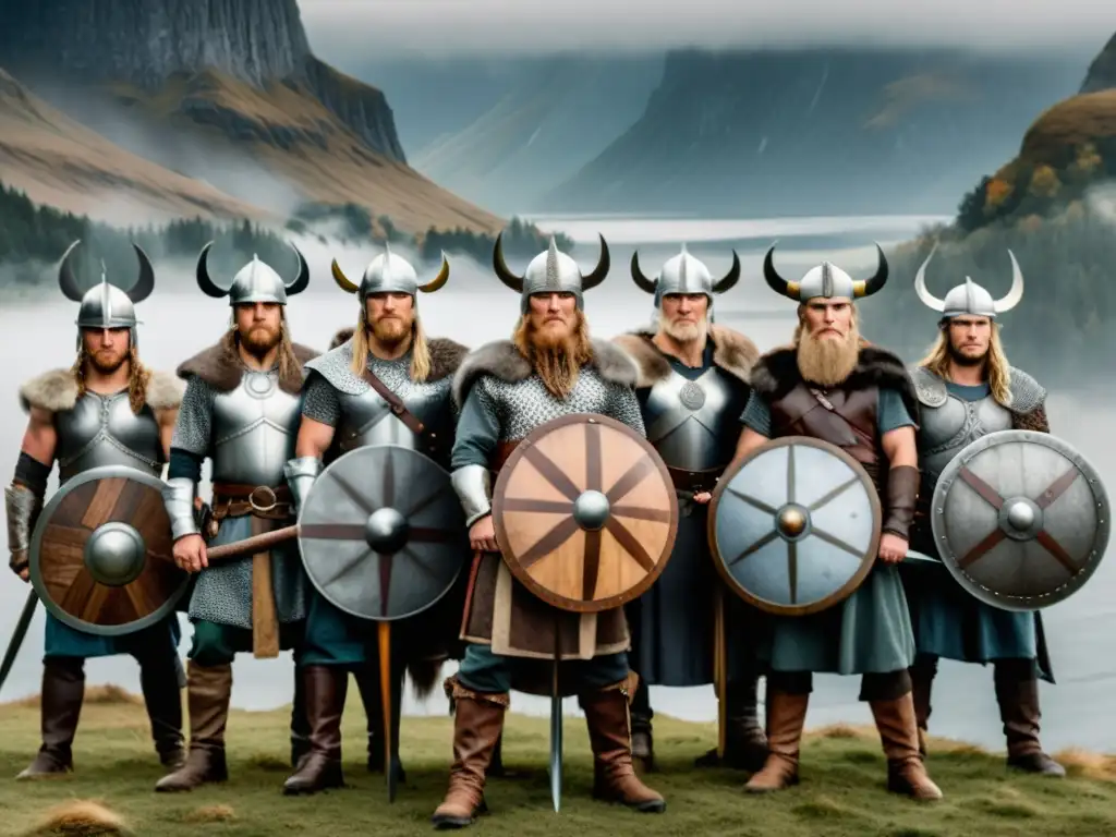 Impresionante formación vikinga con armas diversas en paisaje nórdico neblinoso