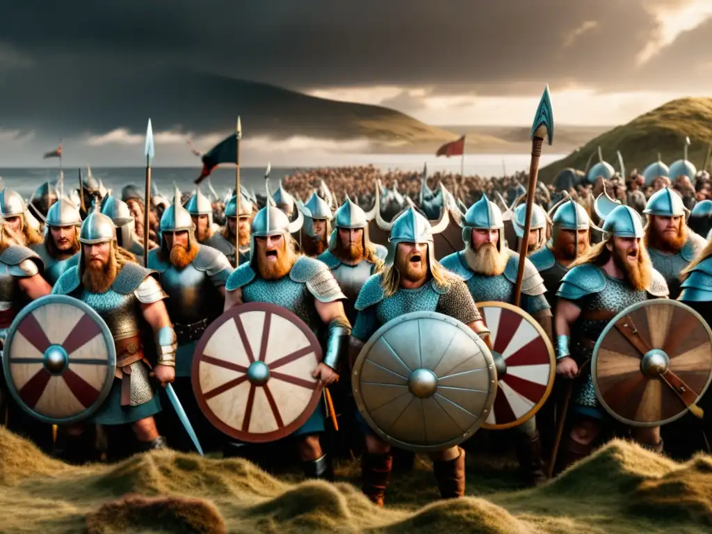 Impresionante ilustración de formaciones de batalla vikingas en un campo de batalla épico