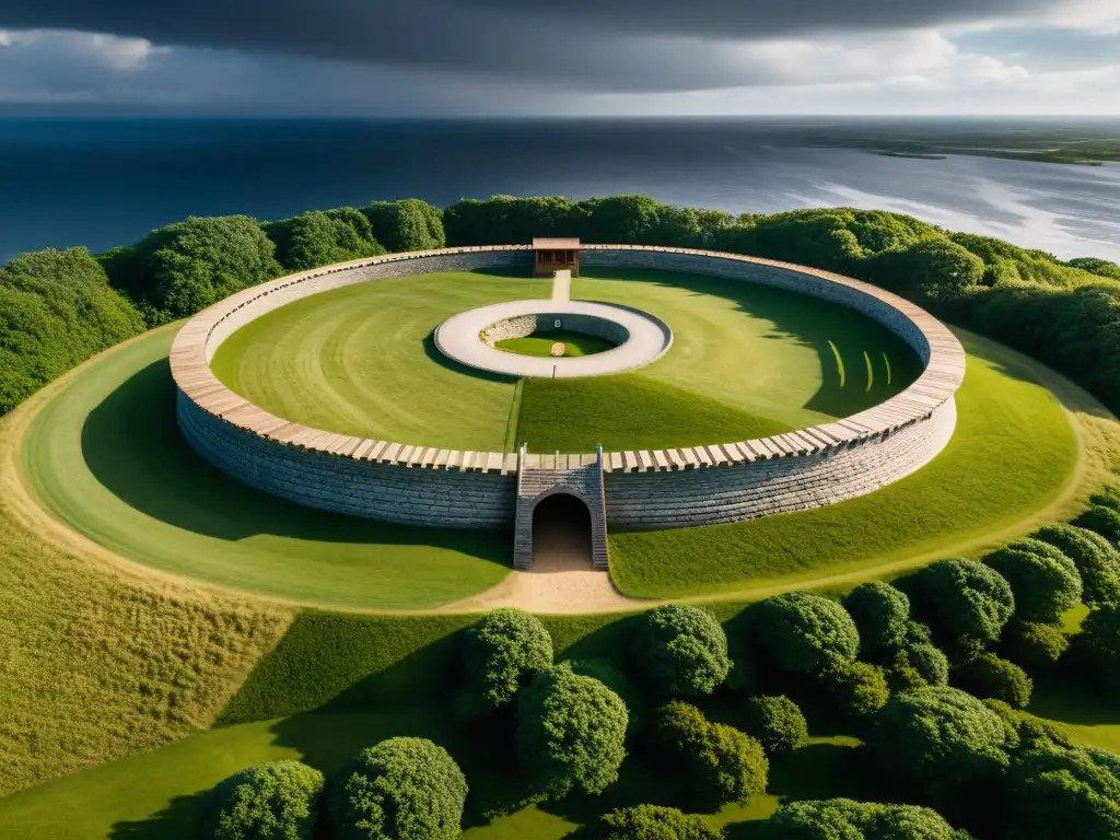 Impresionante fortaleza vikinga en Dinamarca medieval, con palizadas de madera y cielo dramático