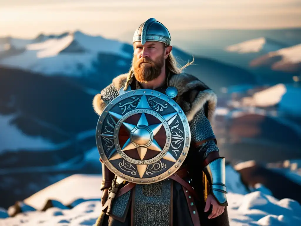 Impresionante guerrero vikingo con la 'Corona de Hierro era vikinga' en la cima nevada, simbolizando poder y liderazgo