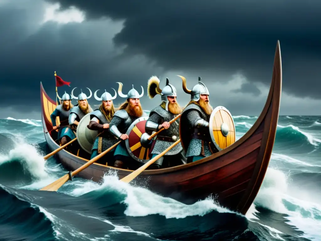 Impresionante ilustración de guerreros vikingos en un barco bajo tormenta