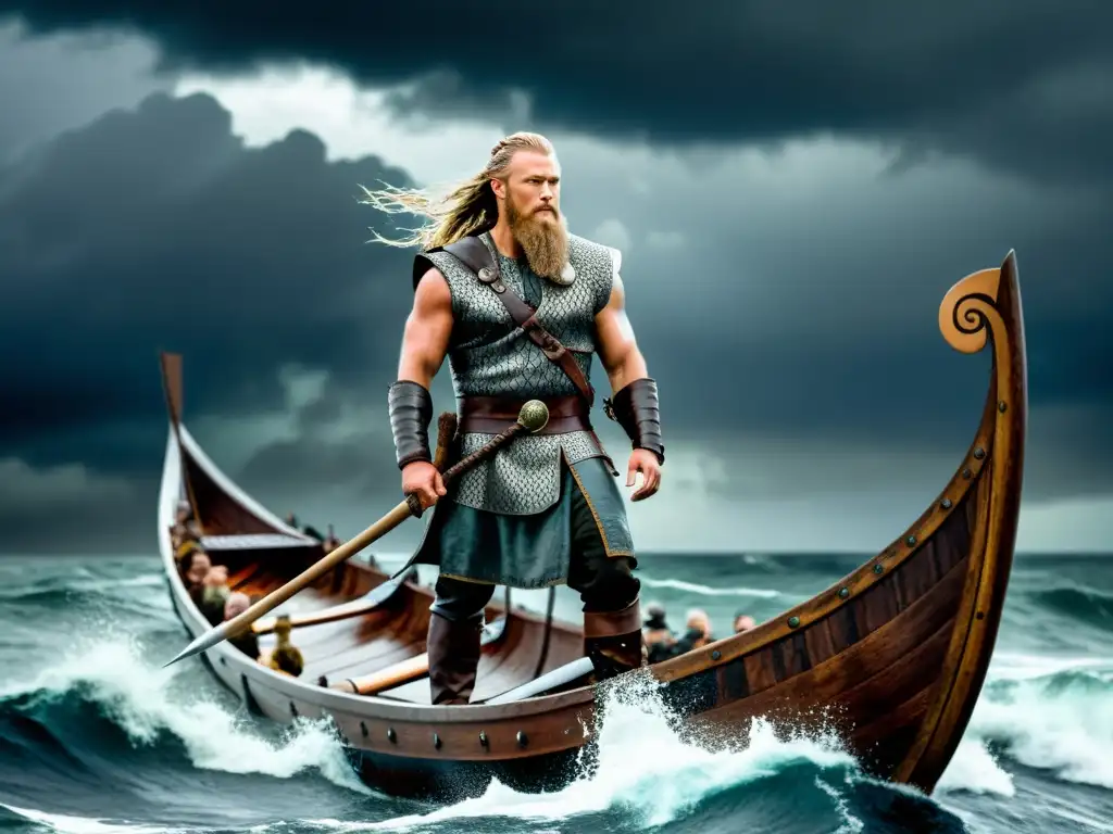 Impresionante ilustración de Ragnar Lodbrok liderando a guerreros vikingos en una batalla en el mar tormentoso