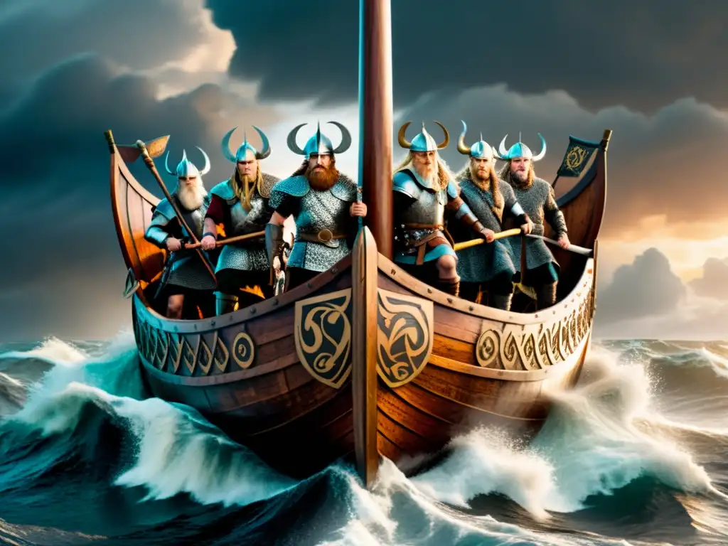 Impresionante ilustración de guerreros vikingos a bordo de un drakkar, partiendo hacia el mar tormentoso