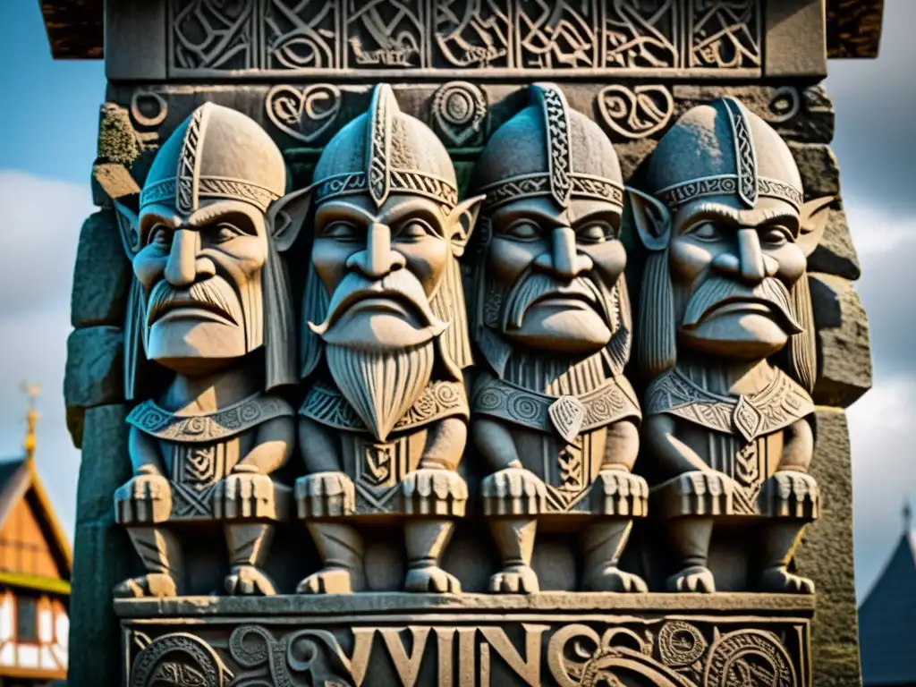 Impresionante representación iconográfica de trolls de la era vikinga tallados en una gran columna de piedra