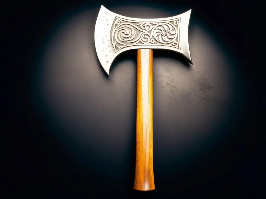 Hacha de batalla vikinga: detalle impresionante Una impresionante imagen en alta resolución de un hacha de batalla vikinga, con intrincados grabados y símbolos