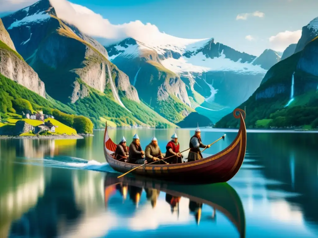 Una impresionante imagen de un barco vikingo navegando por un fiordo, con montañas nevadas al fondo y vikingos remando