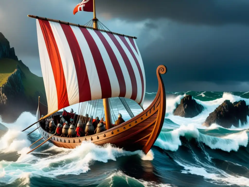 Una impresionante imagen de un barco vikingo navegando en mares turbulentos, mostrando la influencia de artefactos vikingos en la cultura pop