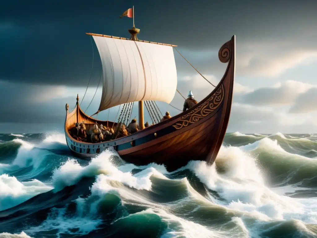 Impresionante imagen de un barco vikingo navegando en mares turbulentos, destacando la relación vikinga con el mar