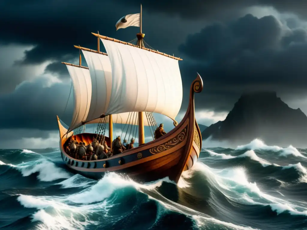 Impresionante imagen de un barco vikingo navegando en mares tormentosos con guerreros a bordo, simbolos vikingos y nubes oscuras