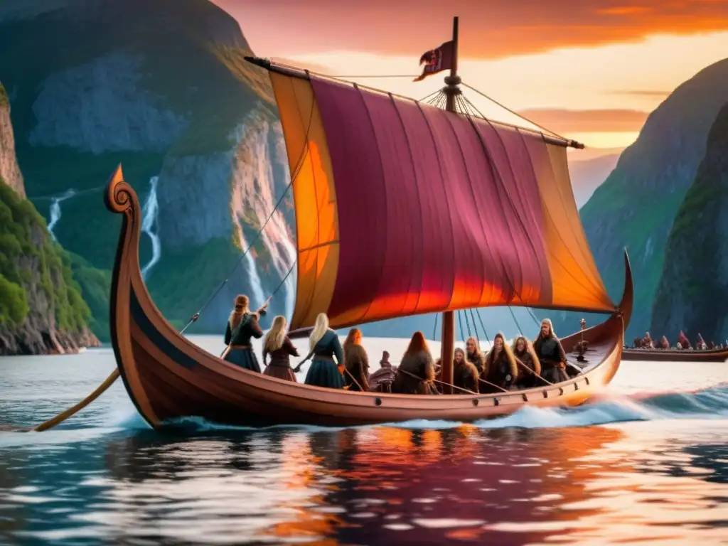 Impresionante imagen de festivales mujeres vikingas homenaje navegando en un drakkar al atardecer en un fiordo