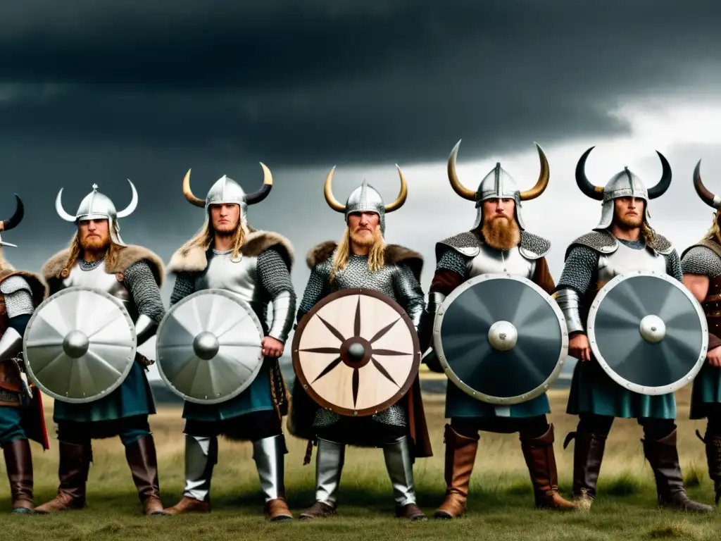 Impresionante imagen de guerreros vikingos en formación defensiva, listos para la batalla, con tácticas defensivas vikingas