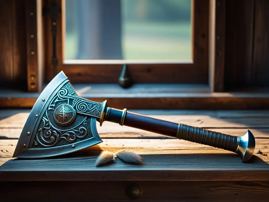 Viking battle axe: detallado y poderoso Una impresionante imagen de un hacha de batalla vikinga, con detalles ornamentales y un mango de madera envejecida
